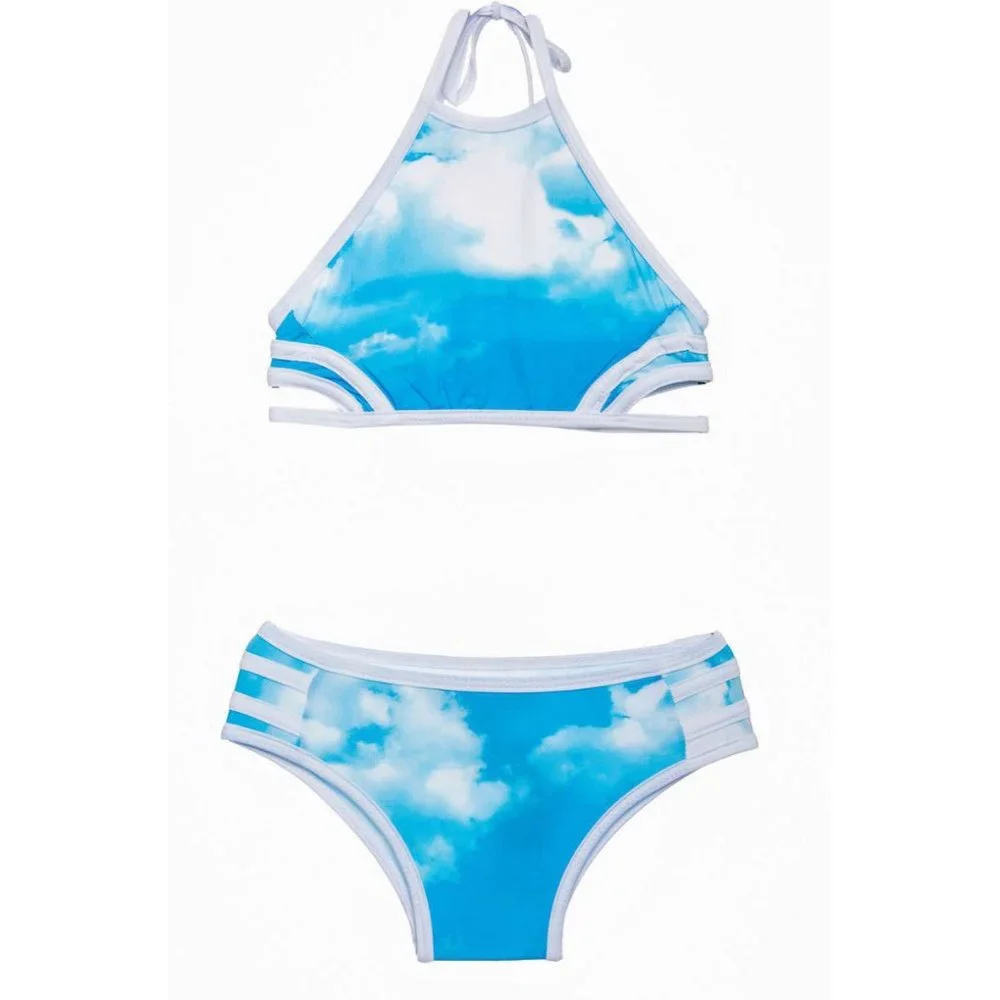 Submarine 2pc Blue & White Clouds Girls Swimsuit Boutique Designer NWT 6 lk 4/5‎